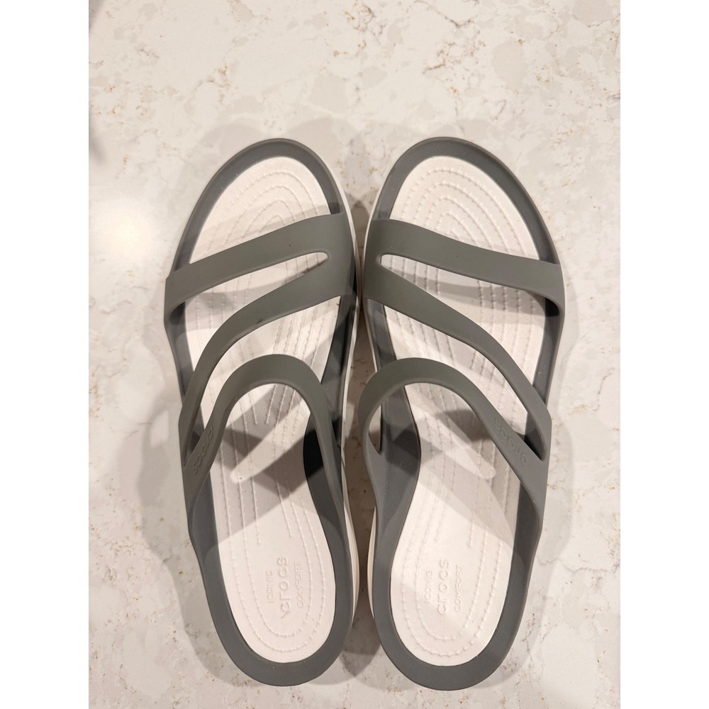 Crocs Swiftwater Strappy Sandals Womens 10 Grey White Comfort Slides